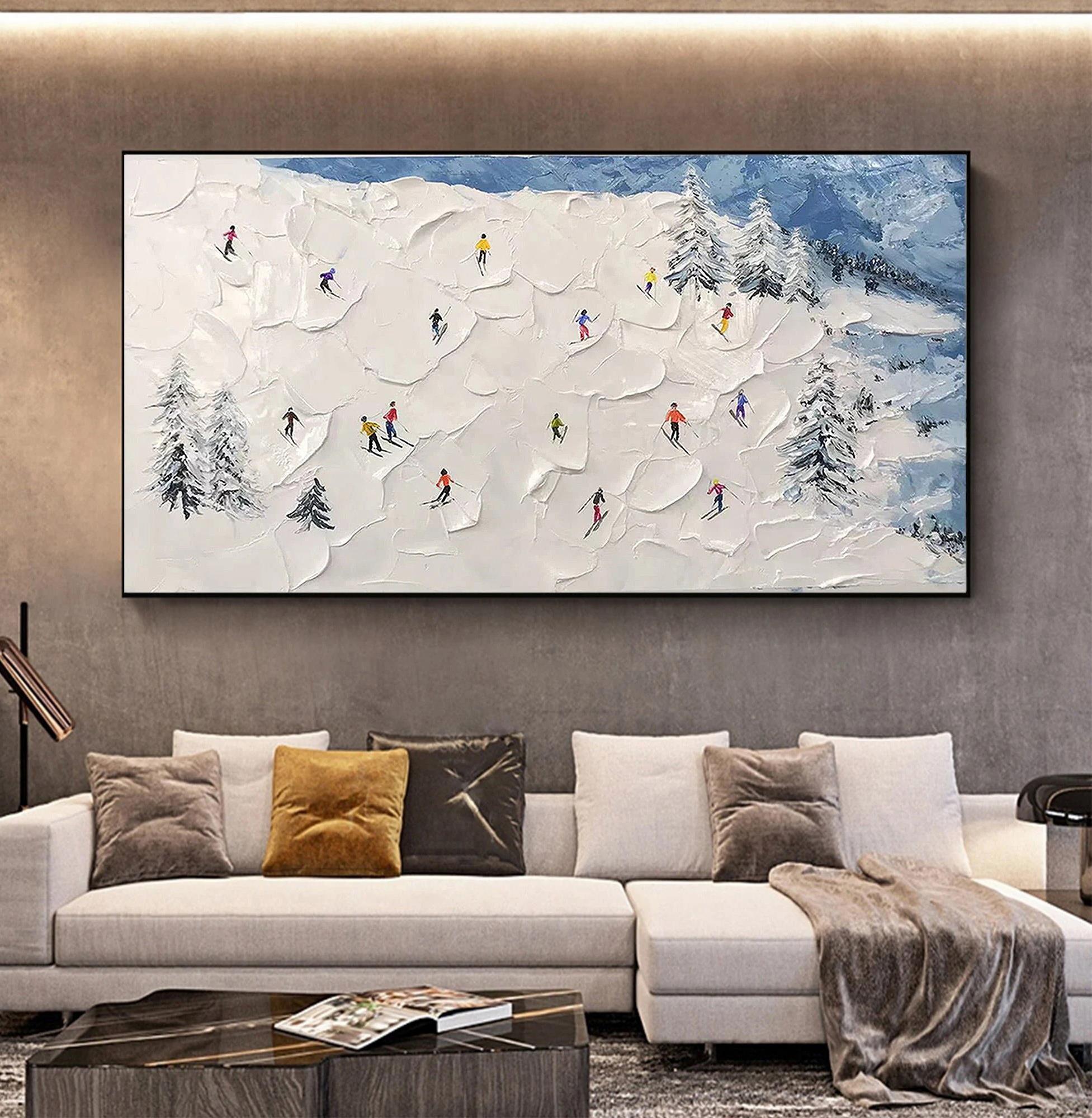 Skier on Snowy Mountain snow by Palette Knife wall art minimalism texture Oil Paintings
